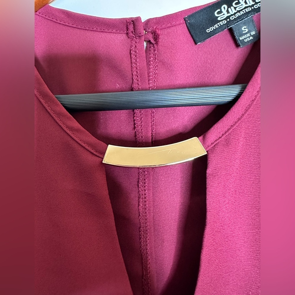 LuLus Burgundy Sleeveless High-Low Blouse w/ Gold Bar Detail | Size S - Picture 5 of 10